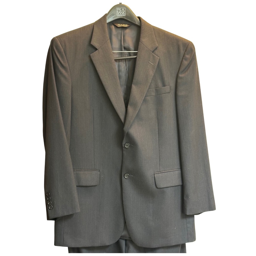 Jos. A. Bank Mens 41R Wool Pinstripe 2-Piece Suit Black Charcoal Pleated 35x30